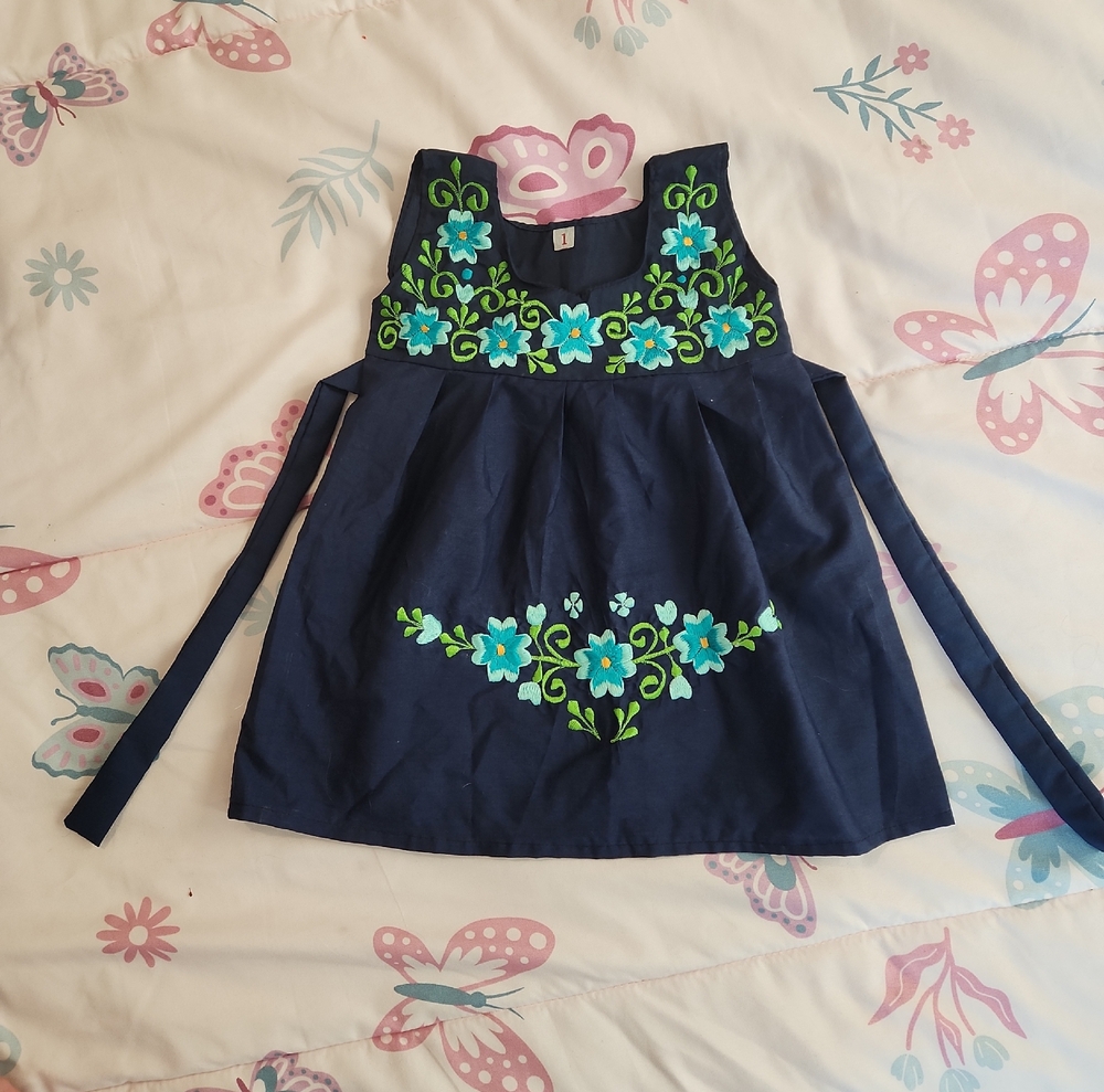 Navy Dress with Green and Blue Floral Embroidery